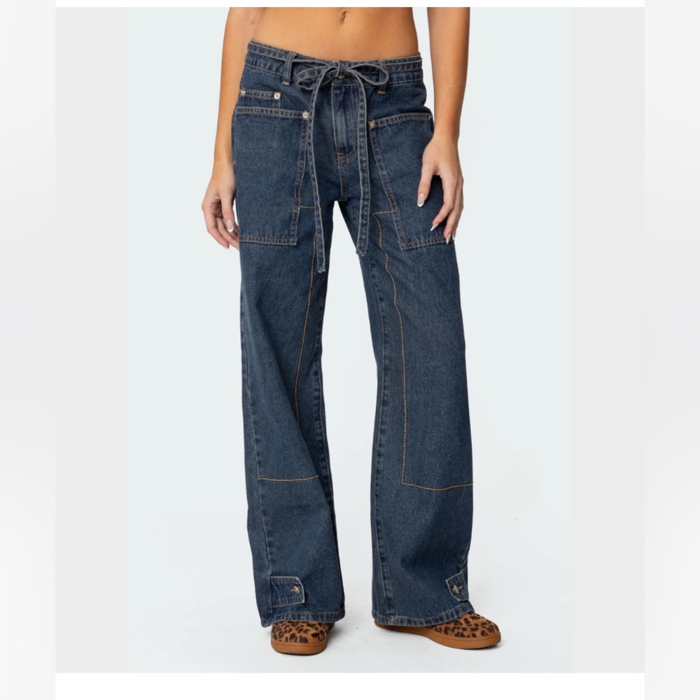 Edikted Funky Stitch Low Rise Wide Leg Jean Size Small